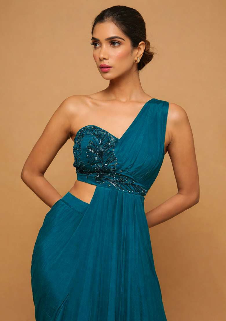 Teal Green Crepe Fusion Set with Handwork for Diwali | Wedding & Festive Wear - Indya
