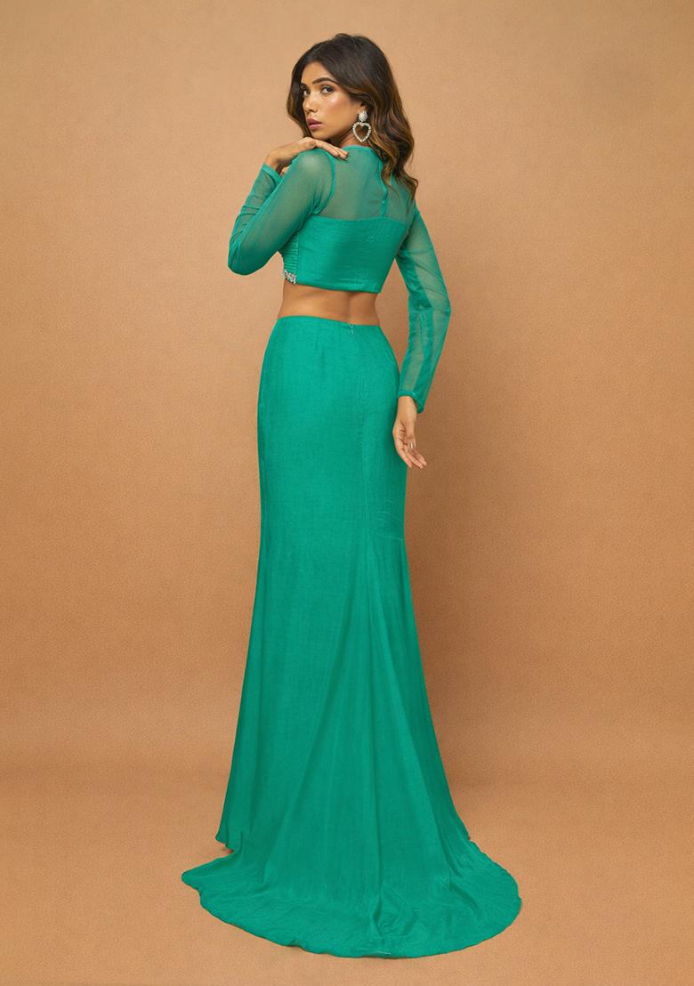 Teal Green Crepe Handwork Fusion Set - Indya
