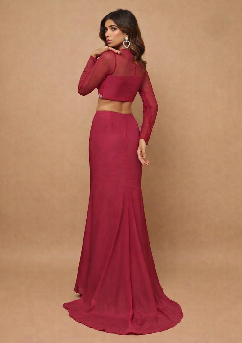 Maroon Crepe Handwork Fusion Set - Indya