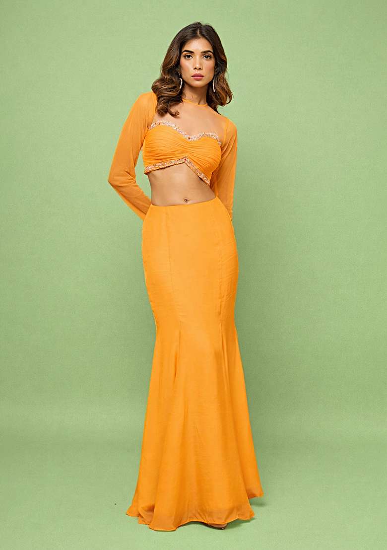 Orange Crepe Handwork Fusion Set - Indya
