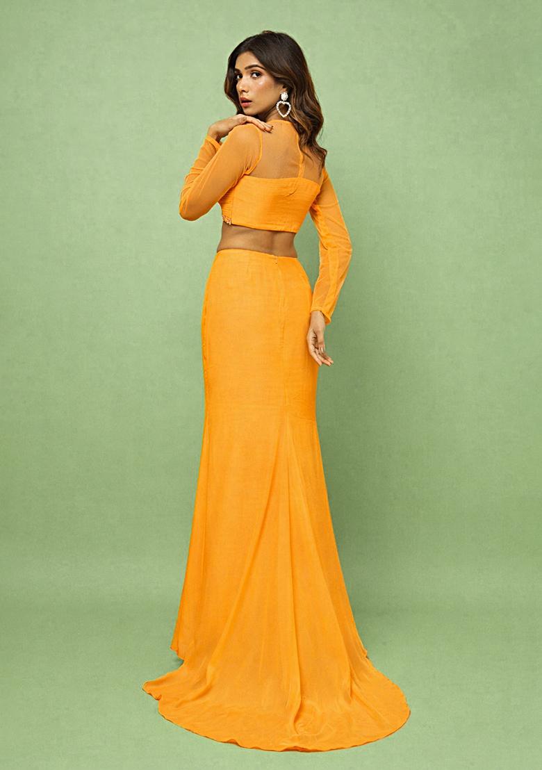 Orange Crepe Handwork Fusion Set - Indya