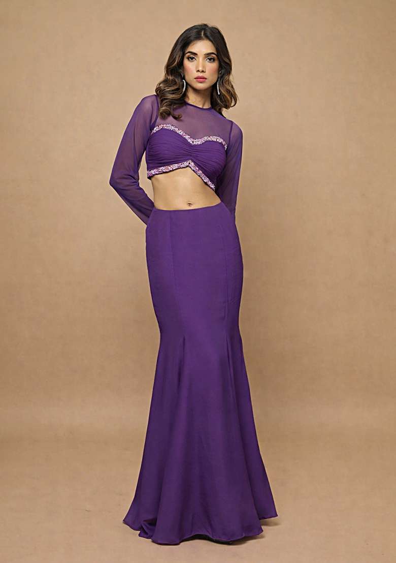 Purple Crepe Handwork Fusion Set - Indya