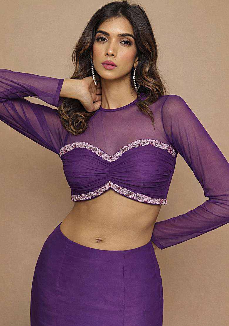 Purple Crepe Handwork Fusion Set - Indya