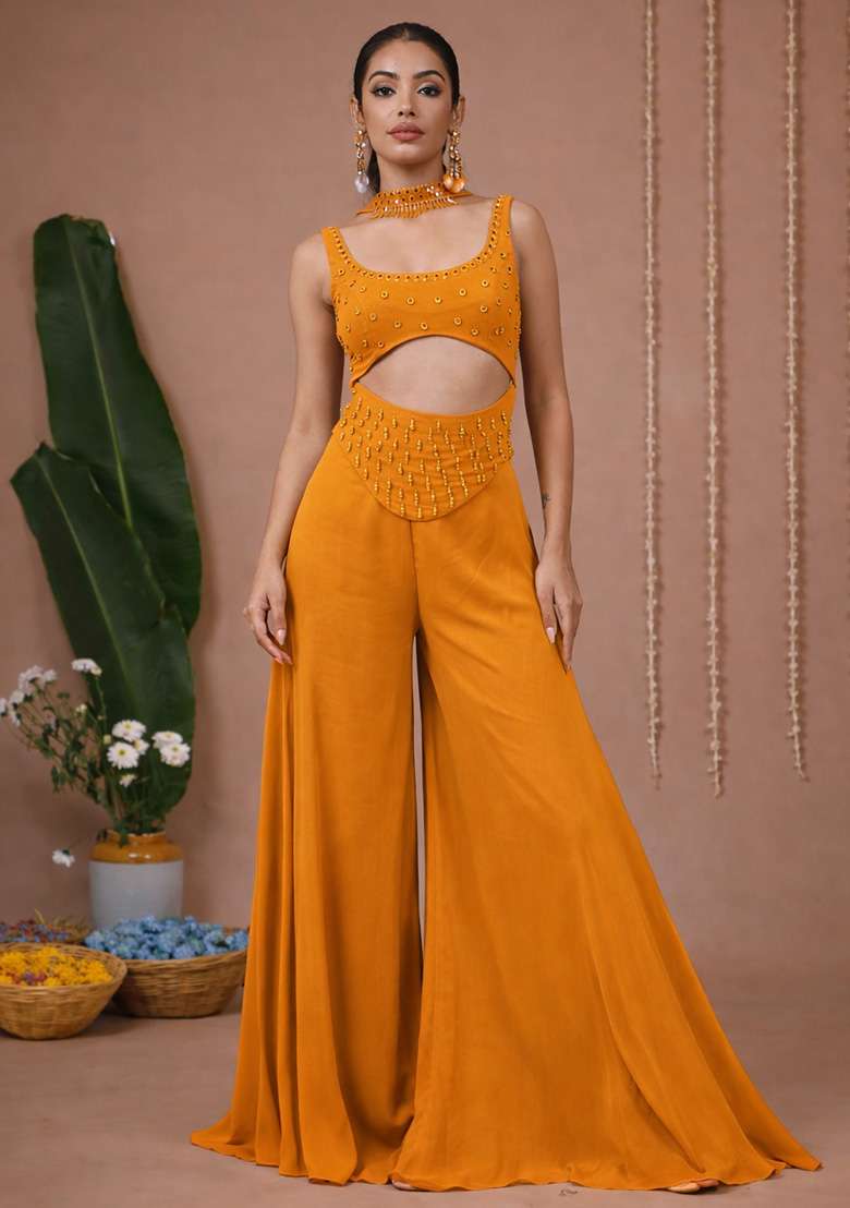 Orange Handwork Goergette Fusion Set - Indya