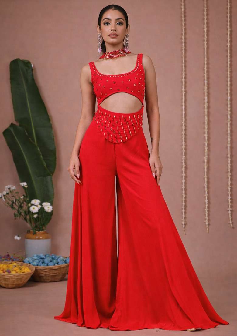 Red Handwork Goergette Fusion Set - Indya