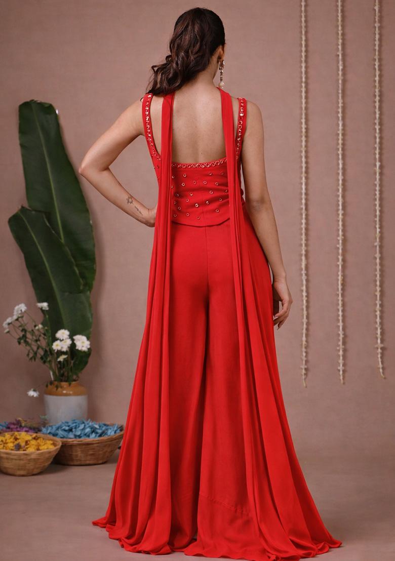 Red Handwork Goergette Fusion Set - Indya