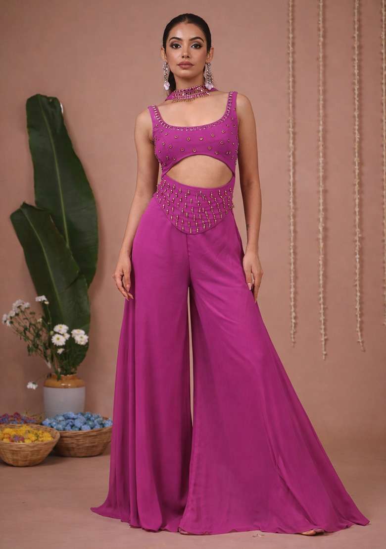 Fuchsia Pink Handwork Goergette Fusion Set - Indya