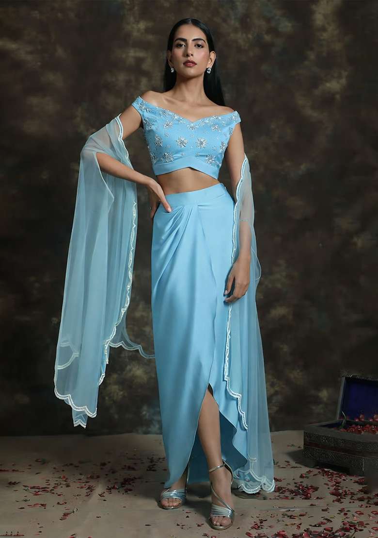 Powder Blue Hand Work Satin Fusion Set - Indya