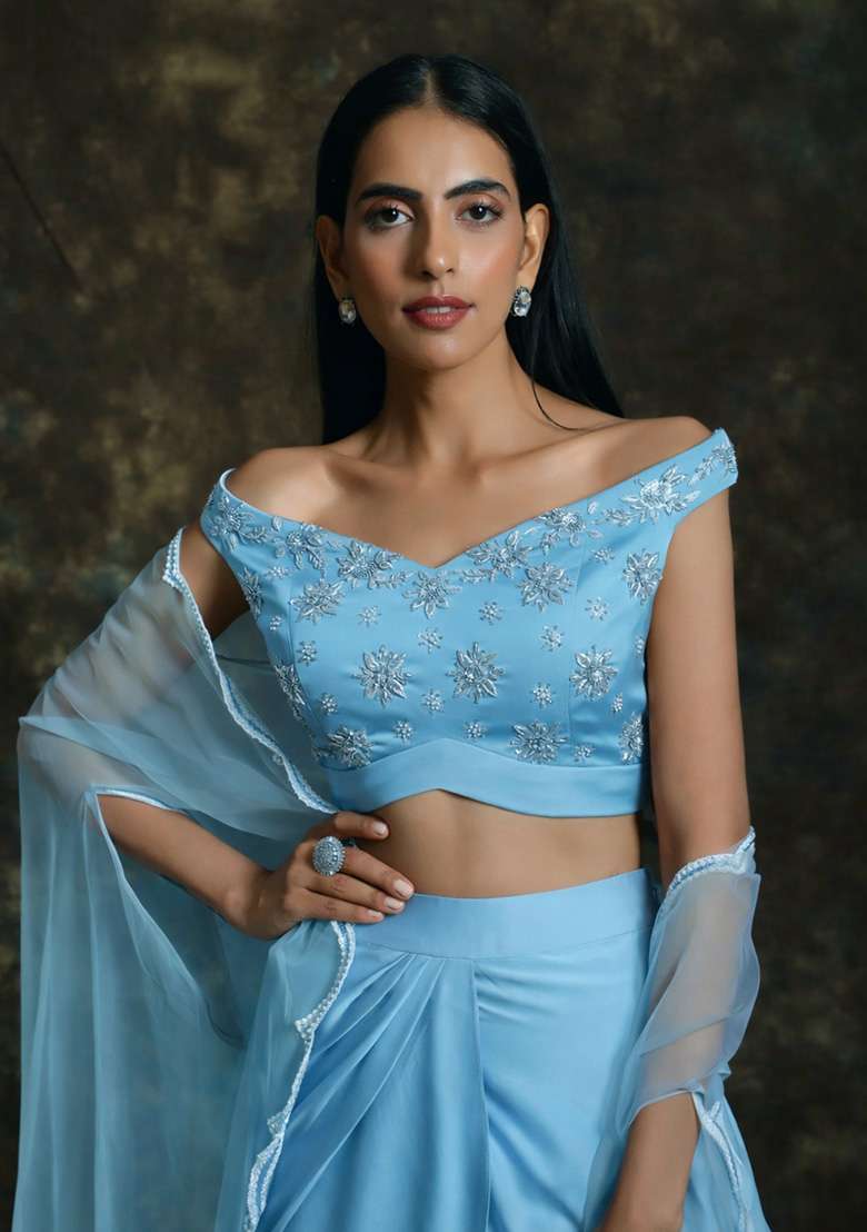 Powder Blue Hand Work Satin Fusion Set - Indya