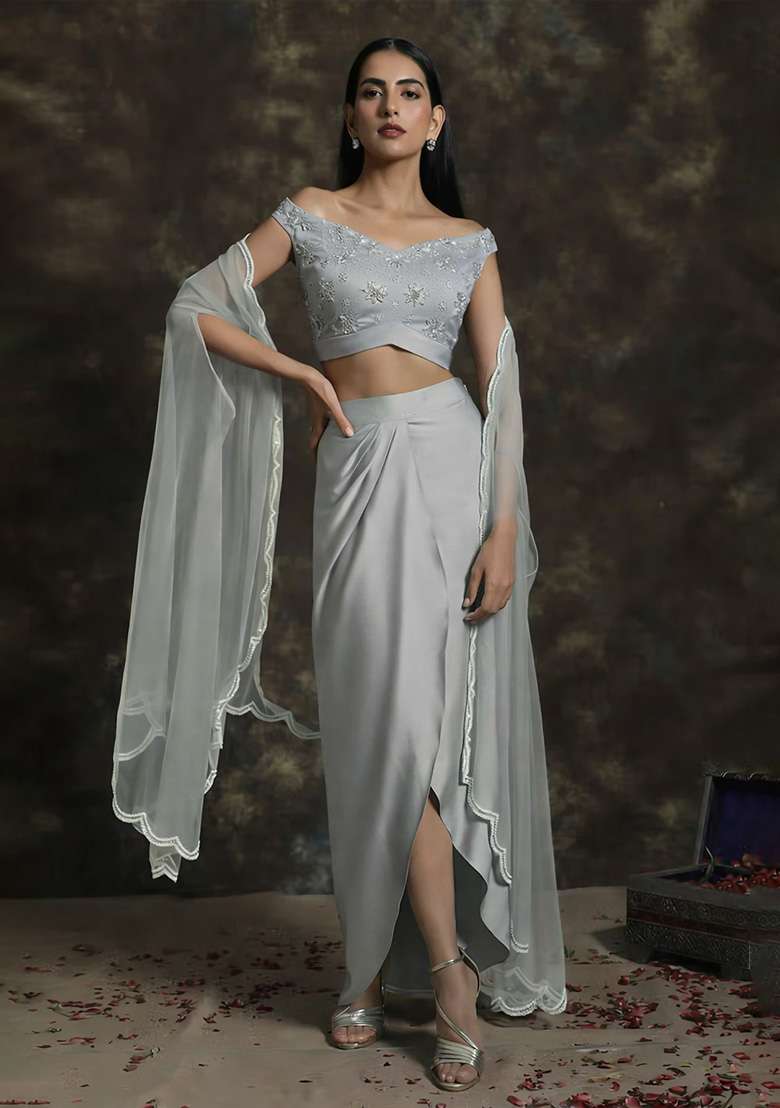 Grey Hand Work Satin Fusion Set - Indya