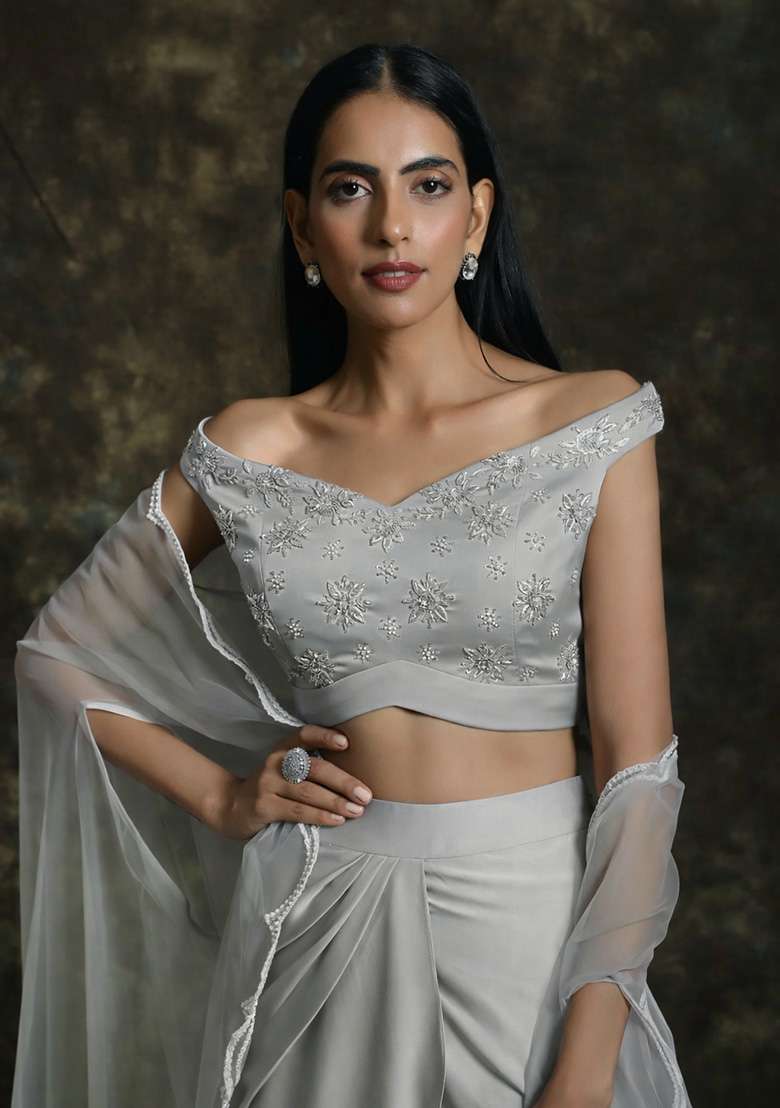 Grey Hand Work Satin Fusion Set - Indya