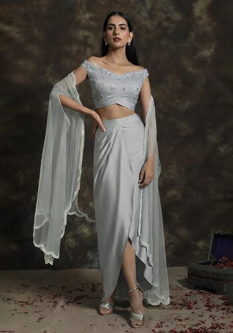 Grey Hand Work Satin Fusion Set