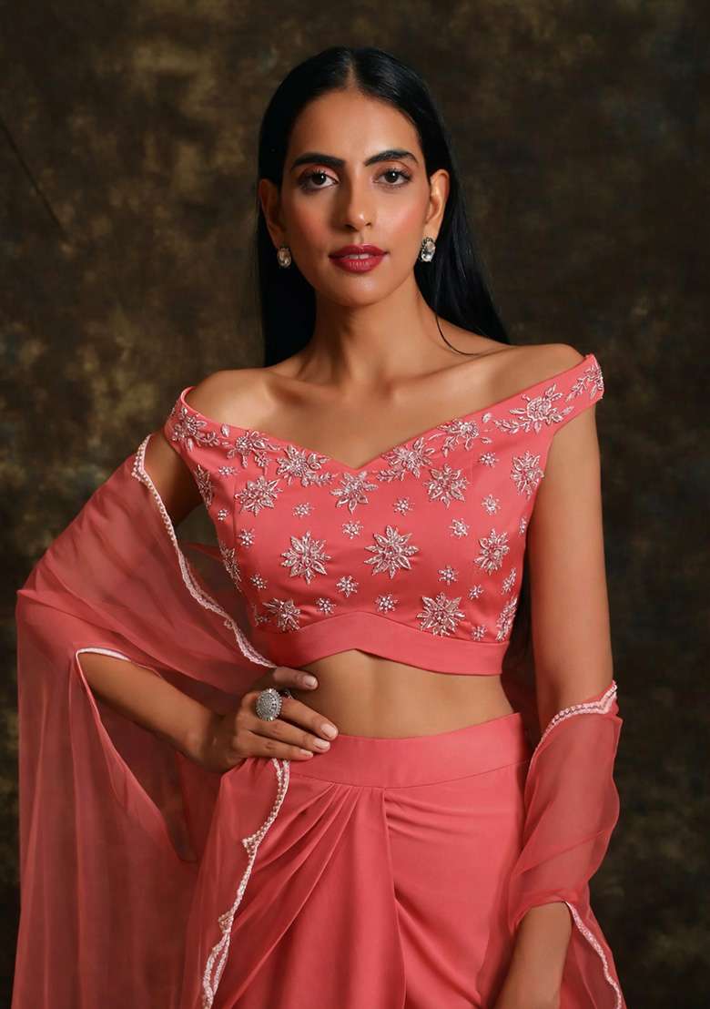 Coral Red Hand Work Satin Fusion Set - Indya