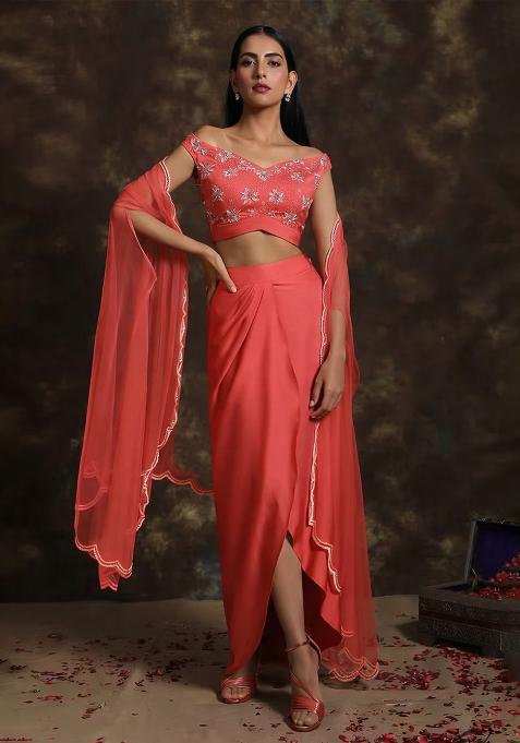 Coral Red Hand Work Satin Fusion Set