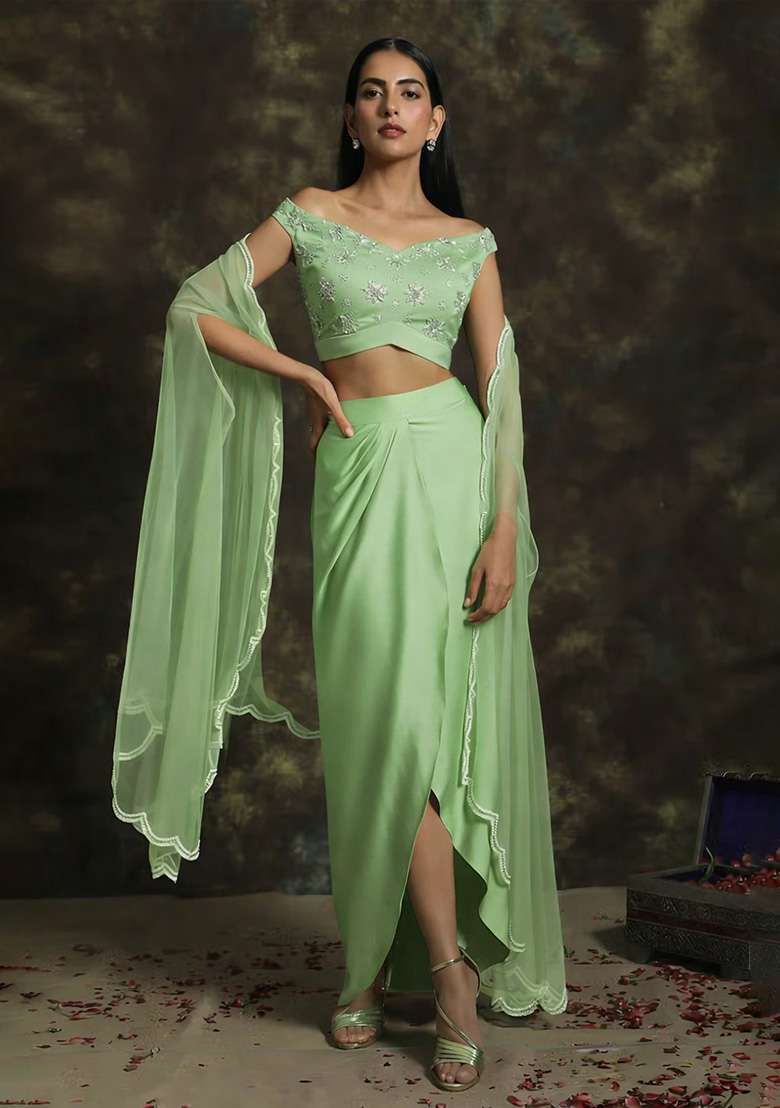 Mint Green Hand Work Satin Fusion Set - Indya