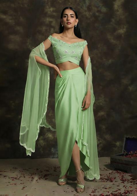 Mint Green Hand Work Satin Fusion Set