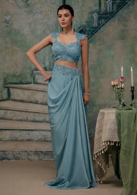 Powder Blue Handwork Satin Fusion Set
