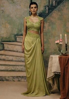 Olive Green Handwork Satin Fusion Set