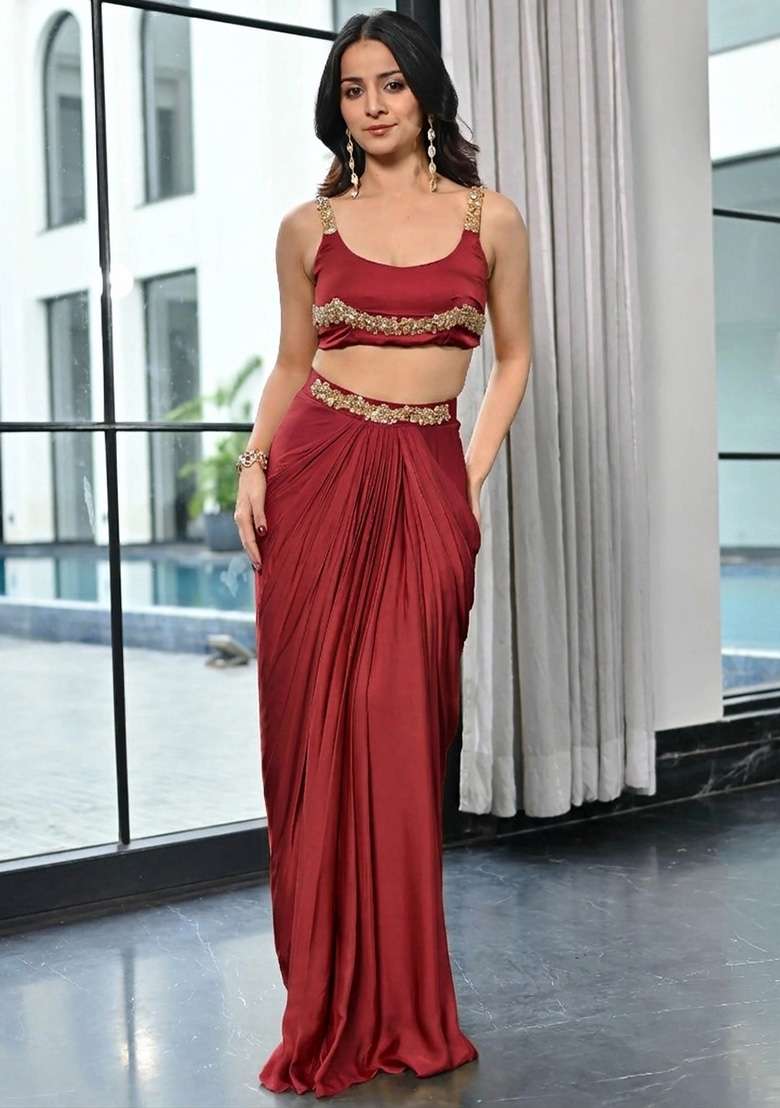Red Satin Fusion Set with Handwork for Diwali | Wedding & Festive Wear - Indya