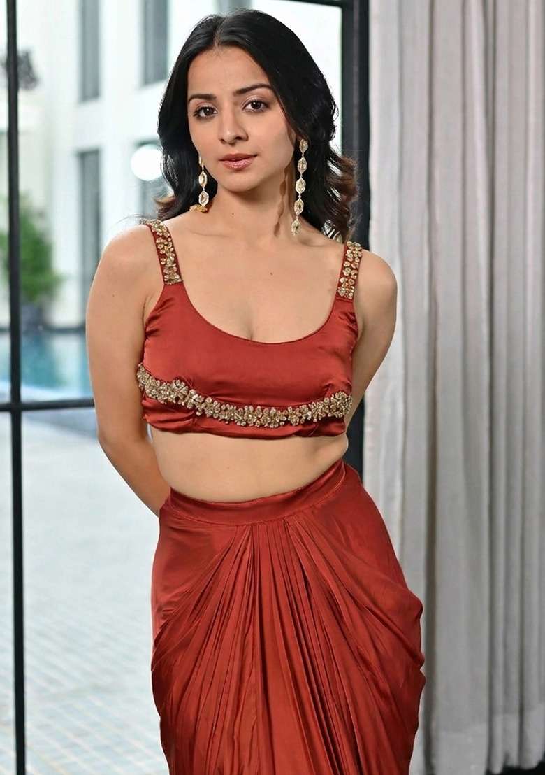 Burnt Orange Satin Fusion Set with Handwork for Diwali | Wedding & Festive Wear - Indya