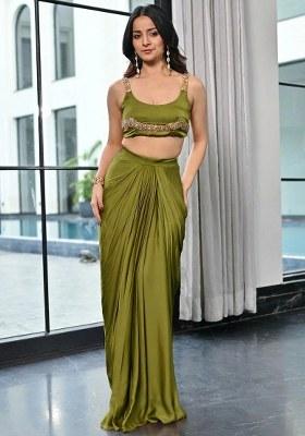 Olive Green Handwork Satin Fusion Set