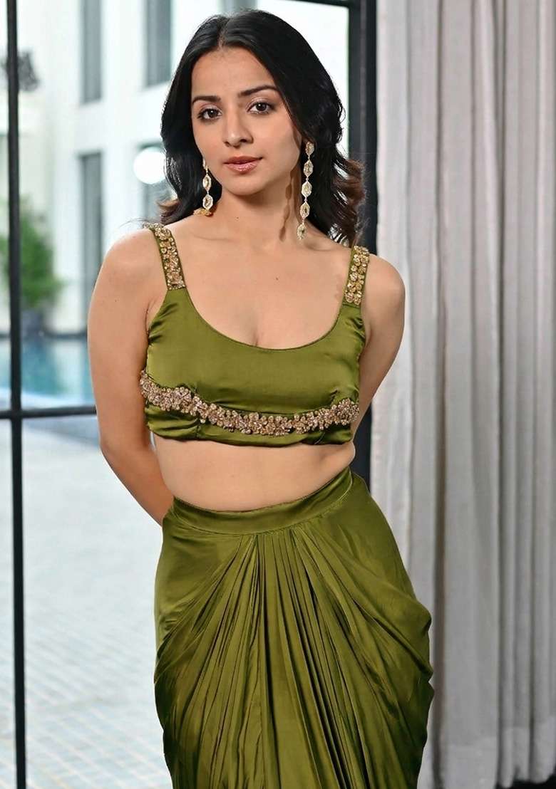 Olive Green Satin Fusion Set with Handwork for Diwali | Wedding & Festive Wear - Indya