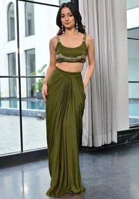 Olive Green Handwork Satin Fusion Set