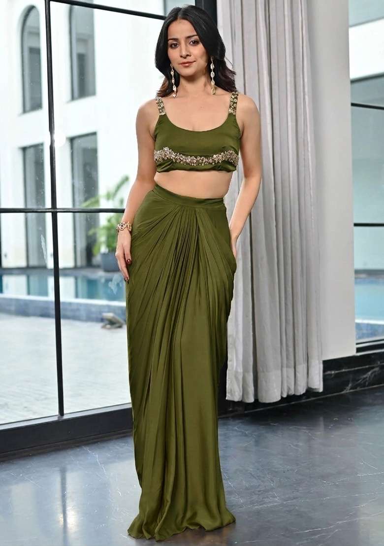 Olive Green Handwork Satin Fusion Set for Diwali and Festive Wear - Indya