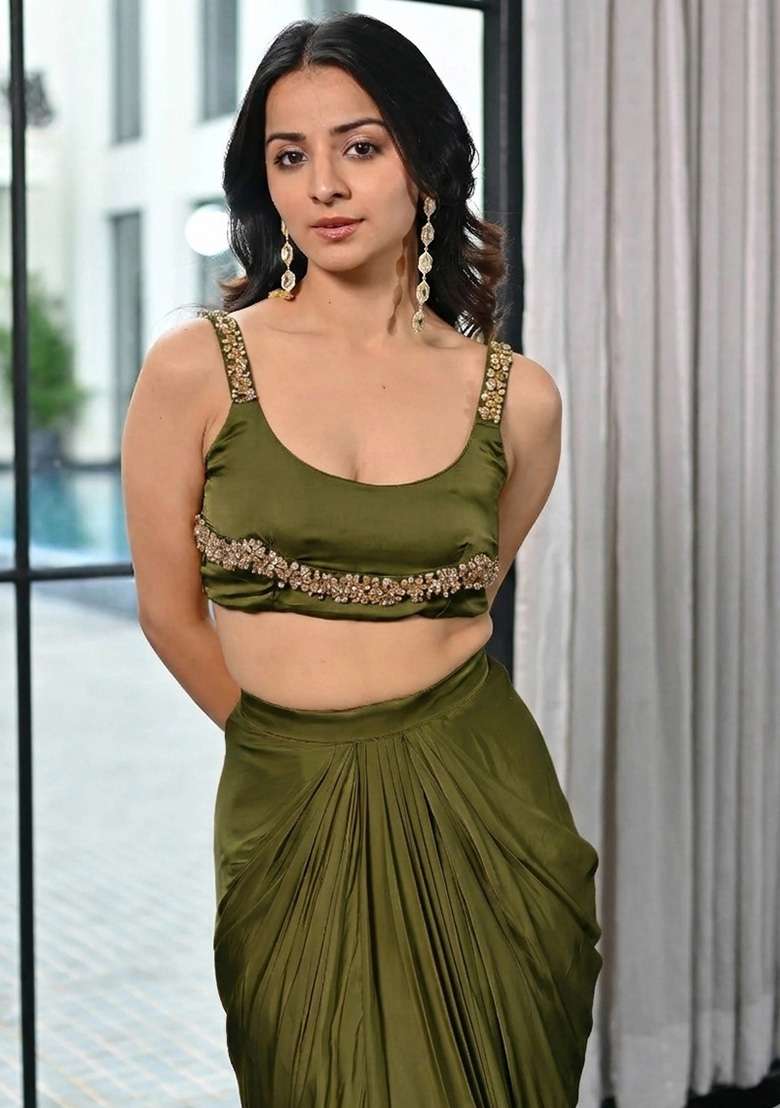 Olive Green Handwork Satin Fusion Set for Diwali and Festive Wear - Indya