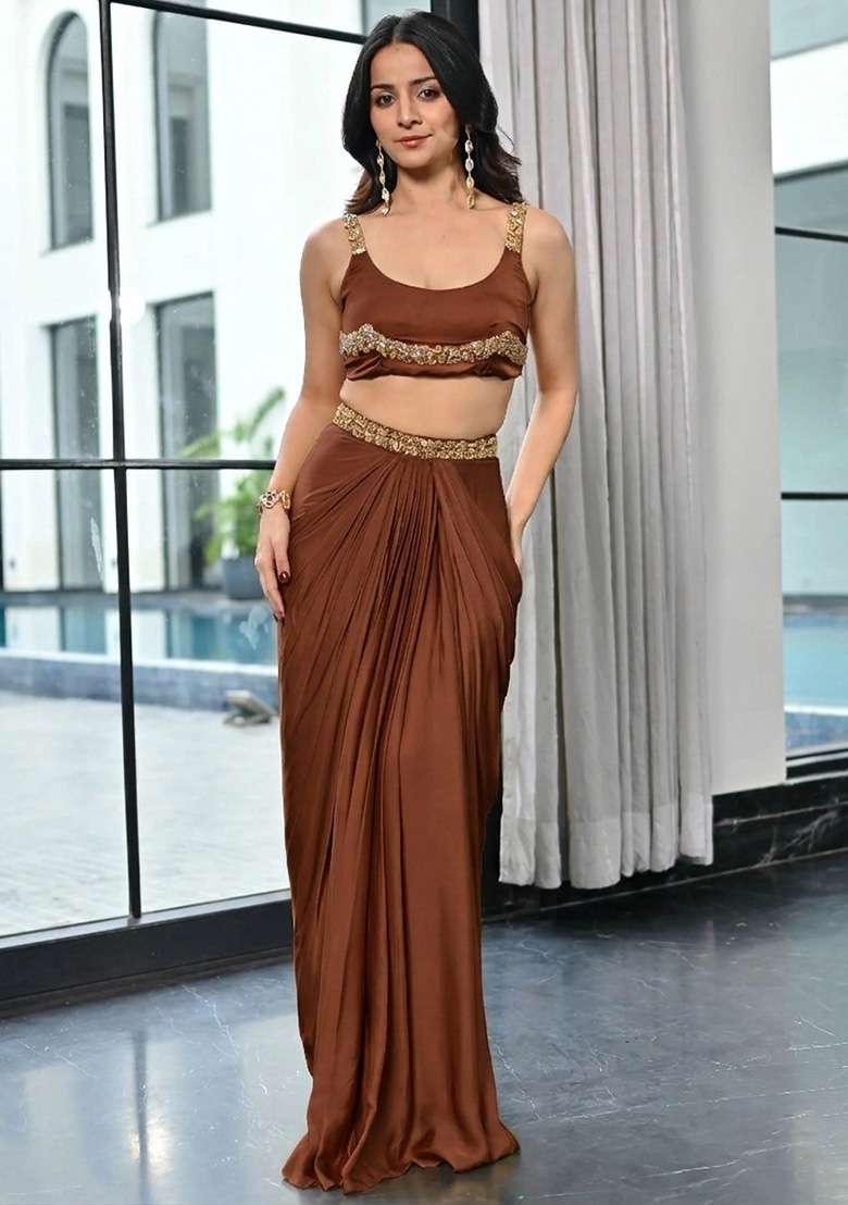 Brown Satin Fusion Set with Handwork for Diwali | Wedding & Festive Wear - Indya