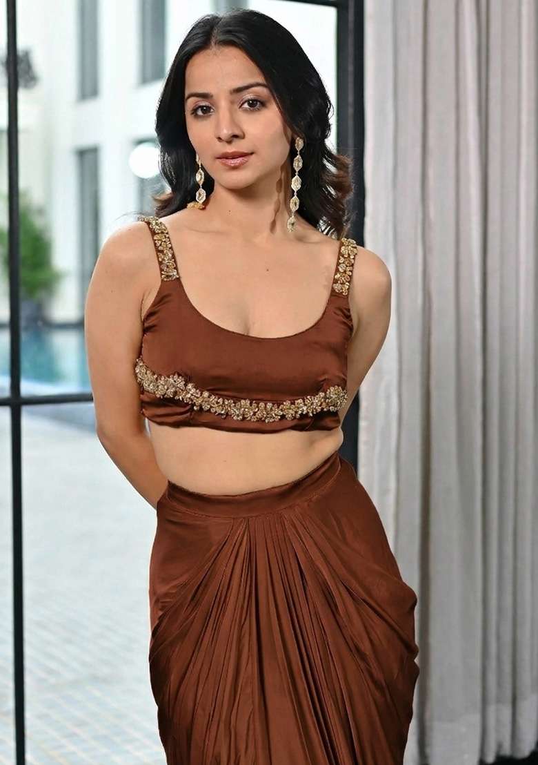Brown Satin Fusion Set with Handwork for Diwali | Wedding & Festive Wear - Indya