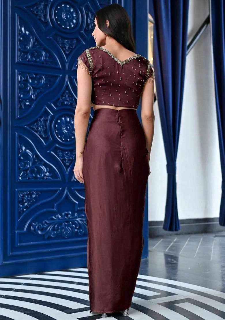 Wine Handwork Satin Fusion Set - Indya