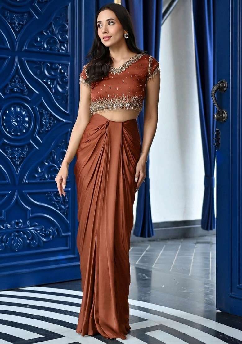 Rust Handwork Satin Fusion Set - Indya