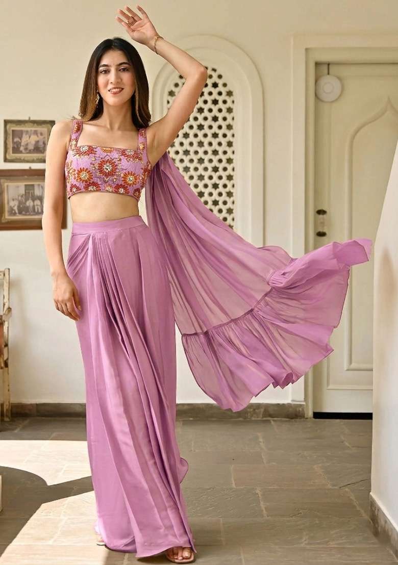 Dusty Pink Handwork Satin Fusion Set - Indya