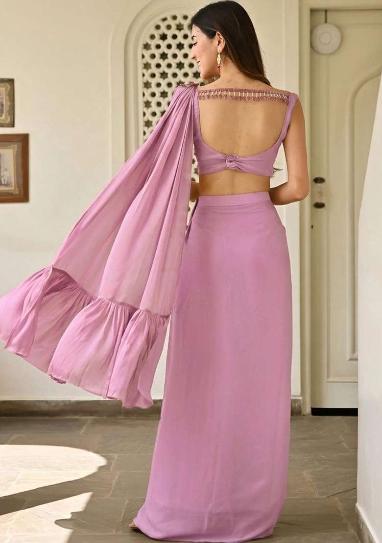 Dusty Pink Handwork Satin Fusion Set - Indya