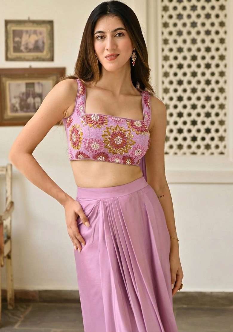 Dusty Pink Handwork Satin Fusion Set - Indya