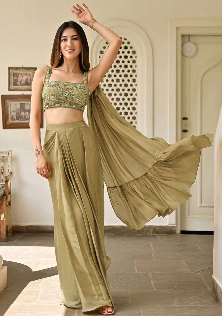 Olive Green Handwork Satin Fusion Set - Indya