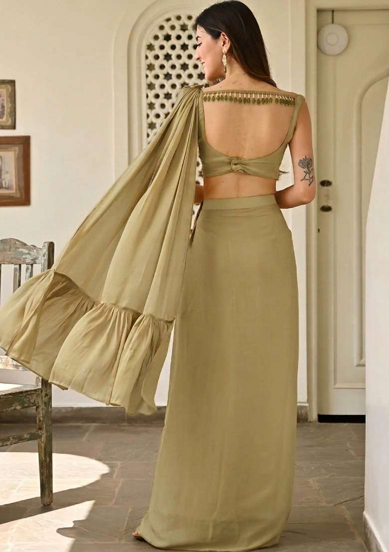 Olive Green Handwork Satin Fusion Set - Indya