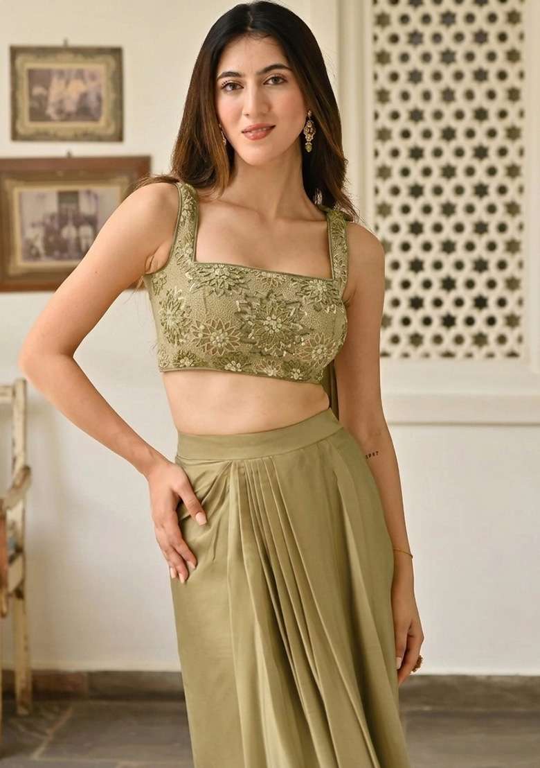 Olive Green Handwork Satin Fusion Set - Indya