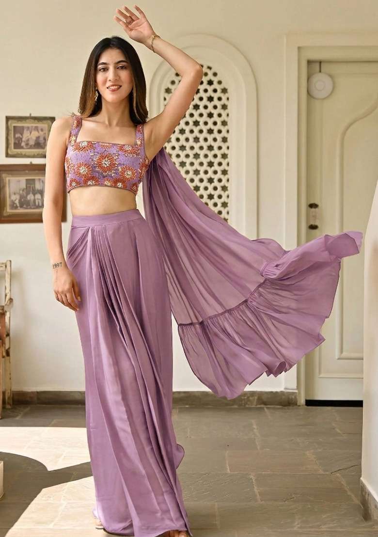 Lavender Handwork Satin Fusion Set - Indya