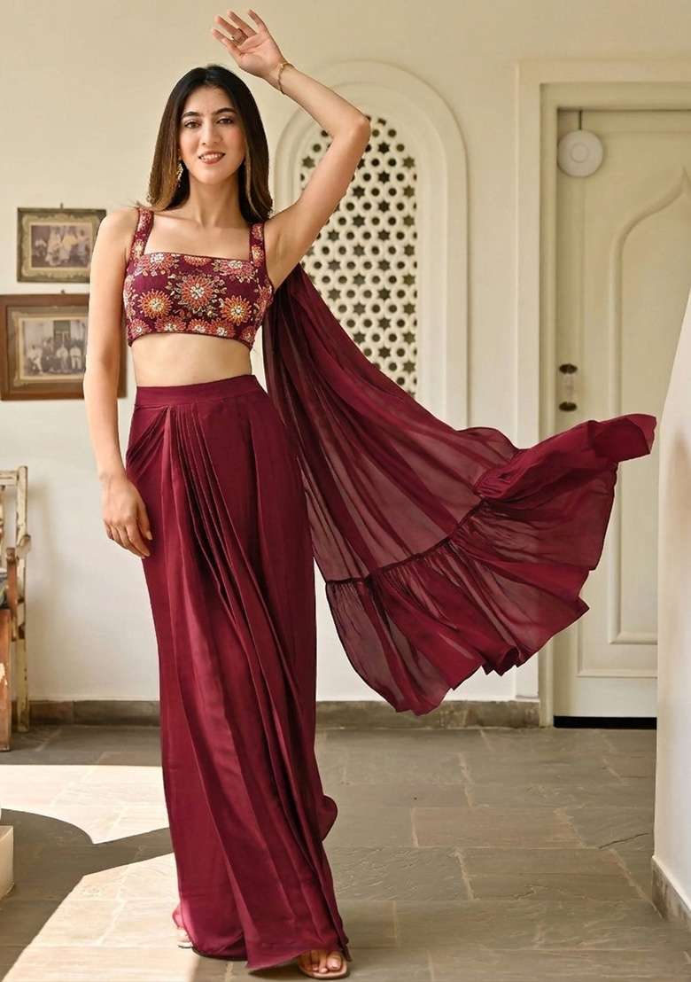 Wine Handwork Satin Fusion Set - Indya