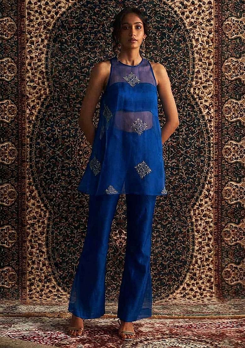 Royal Blue Handwork Organza Fusion Set - Indya