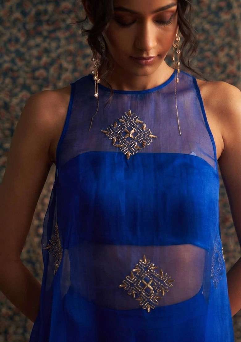 Royal Blue Handwork Organza Fusion Set - Indya