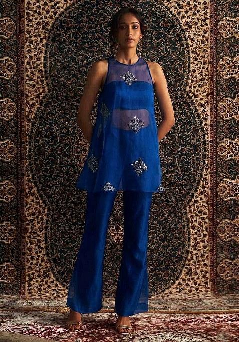 Royal Blue Handwork Organza Fusion Set