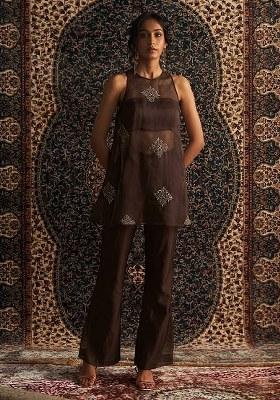 Brown Handwork Organza Fusion Set