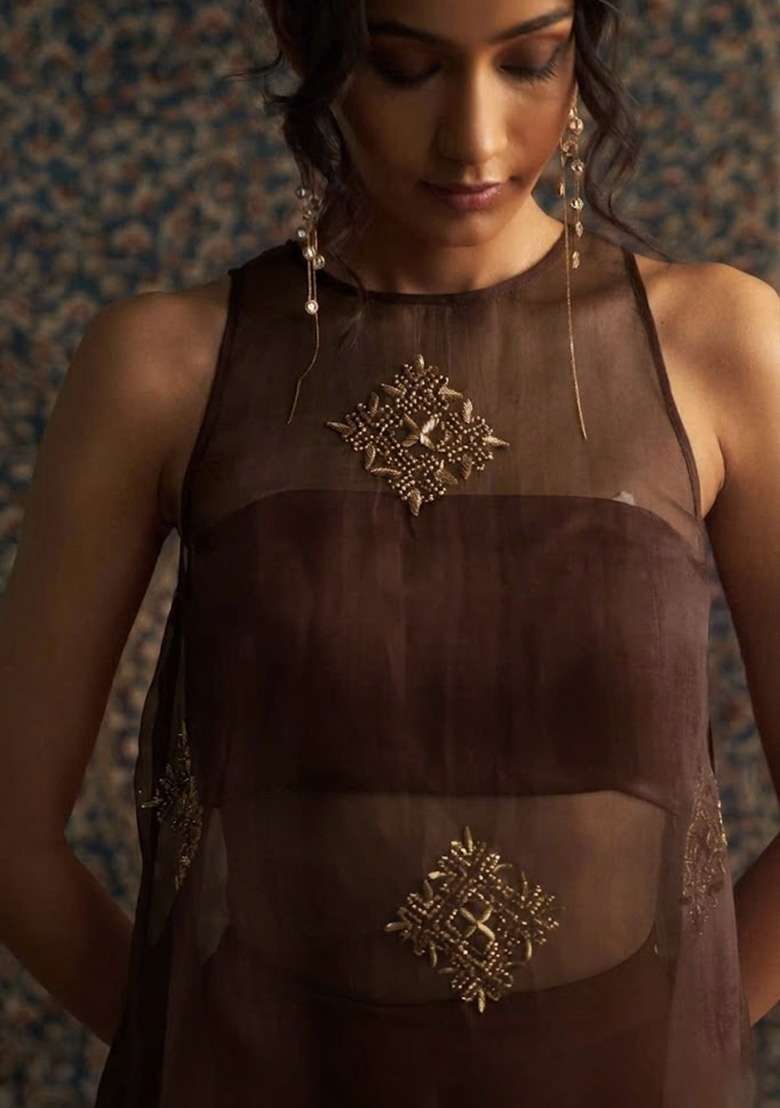 Brown Handwork Organza Fusion Set - Indya