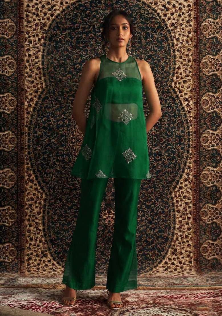 Emerald Green Handwork Organza Fusion Set - Indya