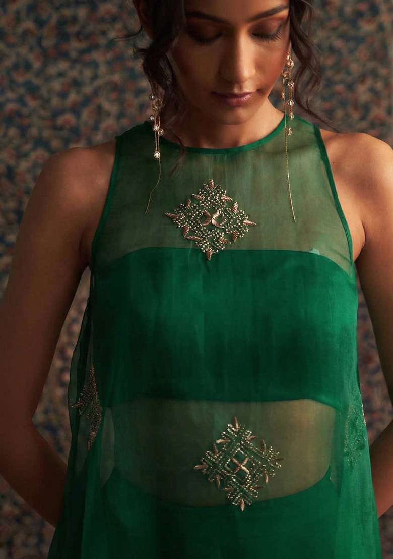 Emerald Green Handwork Organza Fusion Set - Indya
