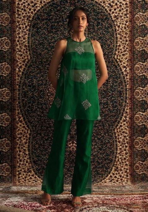 Emerald Green Handwork Organza Fusion Set