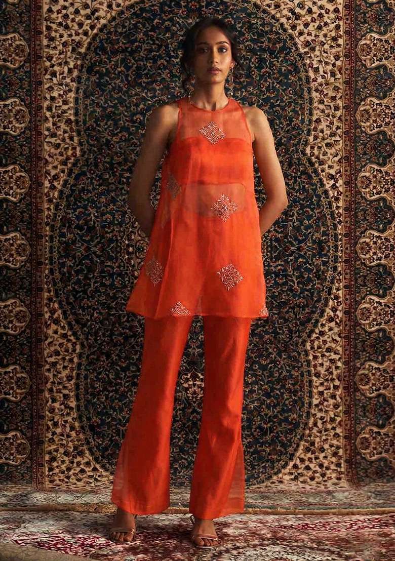 Orange Handwork Organza Fusion Set - Indya